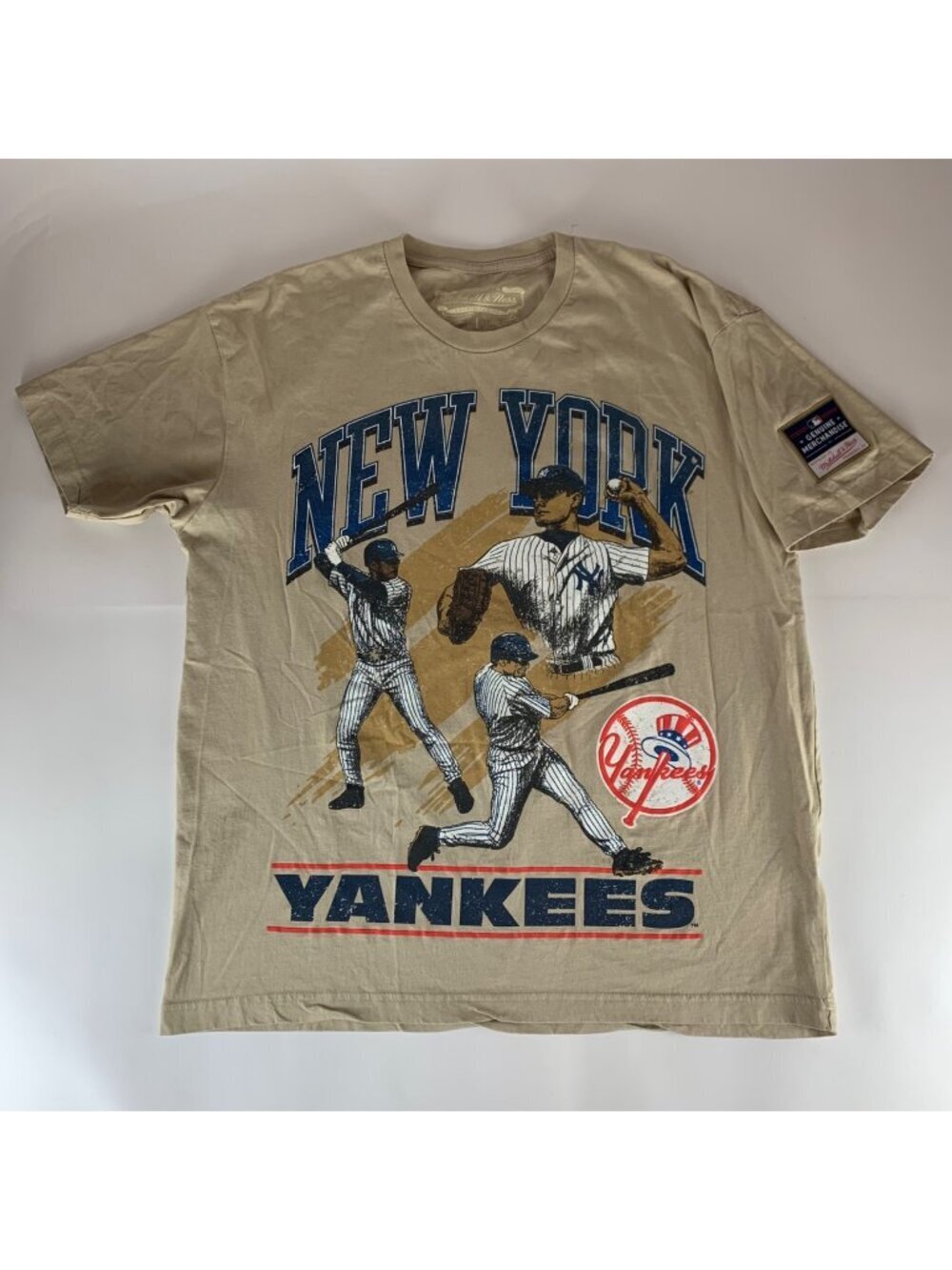 New York Yankees MLB Beige Mitchell & Ness Short Sleeve Shirt Mens Large